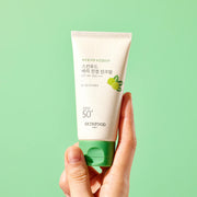 ProtoClinical k-beauty SKINFOOD Berry Soothing Sun Cream SPF50+ PA++++ 50ml single upright sun cream package centered on a mint green background.