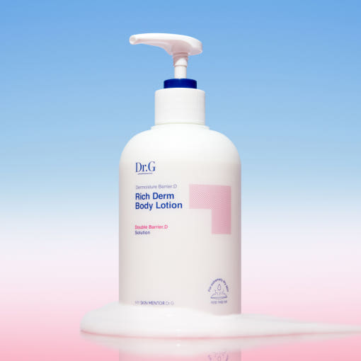 ProtoClinical k-beauty Dr.G Dermoisture Barrier.D Rich Derm Body Lotion 400ml shown as dark navy packaging with a soft cream center on a light background