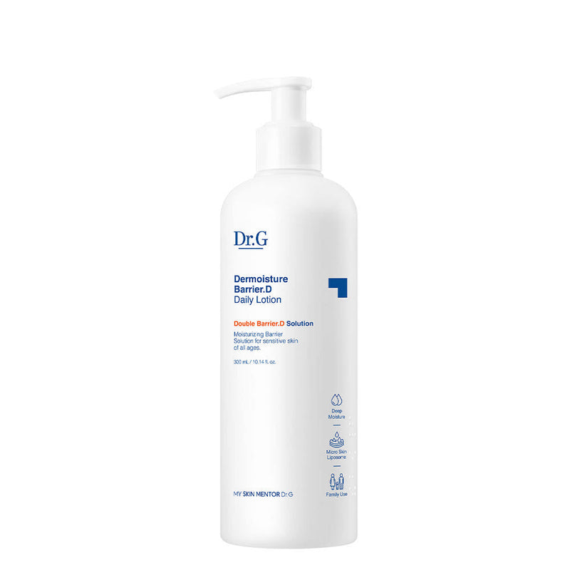 ProtoClinical k-beauty Dr.G Dermoisture Barrier.D Daily Lotion 300ml single bright blue bottle silhouette with a pale center and beige lower accent on a light background
