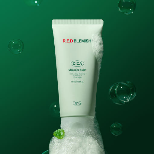 ProtoClinical k-beauty Dr.G RED BLEMISH Cica Cleansing Foam 120ml single cleansing foam tube centered on a light background.