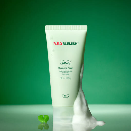 ProtoClinical k-beauty Dr.G RED BLEMISH Cica Cleansing Foam 120ml single upright cleansing foam tube centered on a light background.