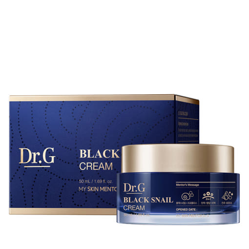 ProtoClinical k-beauty Dr.G Black Snail Cream 50ml shown as wide navy product packaging with a soft cream top and blue lower accents on a light background.