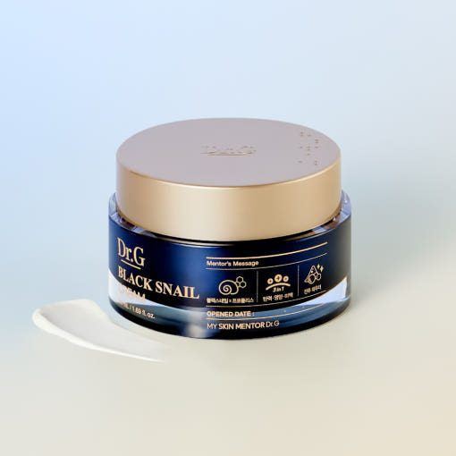 ProtoClinical k-beauty Dr.G Black Snail Cream 50ml shown as pale blue product packaging with a warm taupe center on a light background.