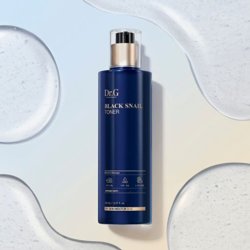 ProtoClinical k-beauty Dr.G Black Snail Toner 150ml shown as pale blue product packaging with a darker vertical center on a light background.