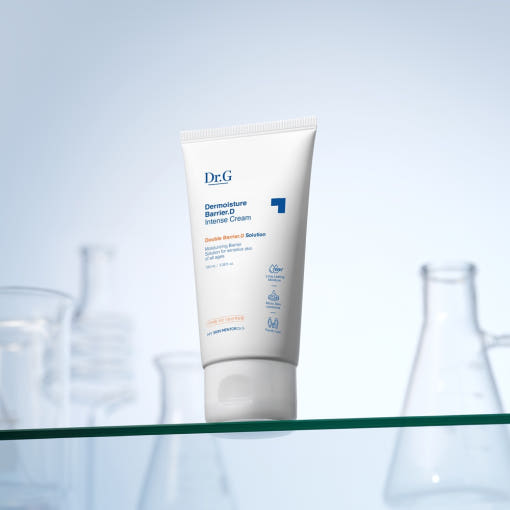 ProtoClinical k-beauty Dr.G Dermoisture Barrier.D Intensive Cream 100ml shown as pale blue product packaging with a faint teal accent on a light background.