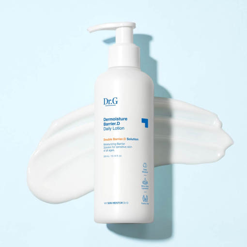 ProtoClinical k-beauty Dr.G Dermoisture Barrier.D Daily Lotion 200ml shown as a pale blue product close-up with a darker vertical center and soft beige side tones.