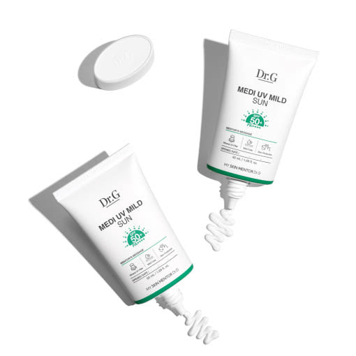 ProtoClinical k-beauty Dr.G MEDI UV MILD SUN SPF 50+ PA++++ 50ml single upright sunscreen tube centered on a light background.