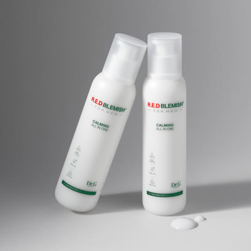 ProtoClinical k-beauty Dr.G RED BLEMISH For Men Calming All In One 150ml shown as a pale blue product silhouette centered between dark gray side tones.