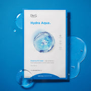 ProtoClinical k-beauty Dr.G Hydra Aqua Essence Fit Mask 23g X 10ea single white sheet mask packet standing upright on a vivid blue background with a large water droplet graphic and clear gel bubbles