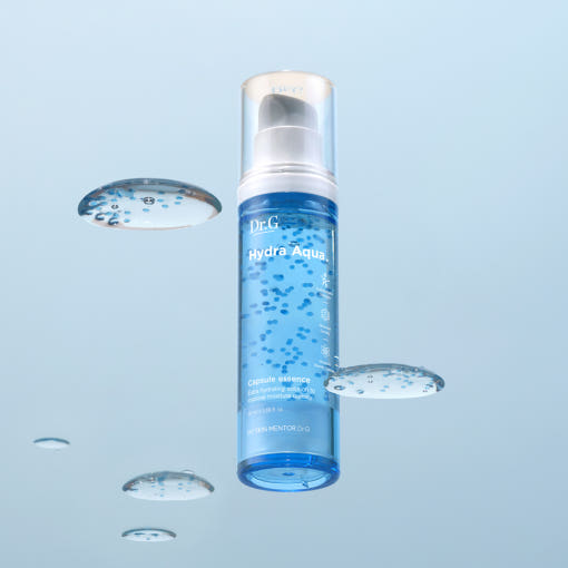 ProtoClinical k-beauty Dr.G Hydra Aqua Capsule Essence 50ml shown as a pale blue product silhouette centered on a cool gray background.