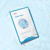 ProtoClinical k-beauty Dr.G Hydra Aqua Essence Fit Mask 23g X 10ea single white sheet mask packet shown at an angle on pale blue water ripples with a large water droplet graphic and bright blue border