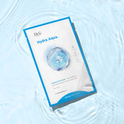 ProtoClinical k-beauty Dr.G Hydra Aqua Essence Fit Mask 23g X 10ea single white sheet mask packet shown at an angle on pale blue water ripples with a large water droplet graphic and bright blue border