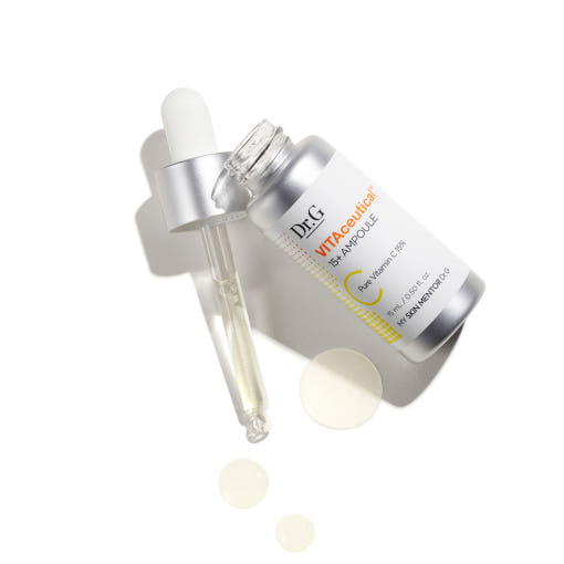 ProtoClinical k-beauty Dr.G VITA Ceutical 15+ Ampoule 15ml shown as a soft beige product close-up with a diagonal gray shape on a light background.