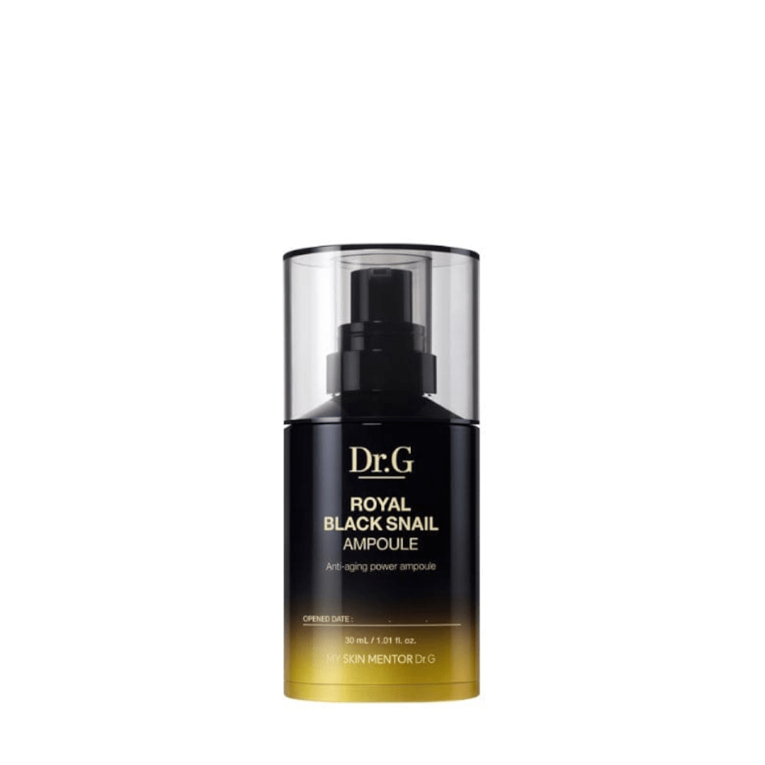 ProtoClinical k-beauty Dr.G Royal Black Snail Ampoule 30ml shown as a dark olive product silhouette with a soft beige top on a light background.
