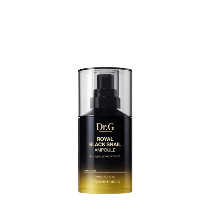 ProtoClinical k-beauty Dr.G Royal Black Snail Ampoule 30ml shown as a dark olive product silhouette with a soft beige top on a light background.