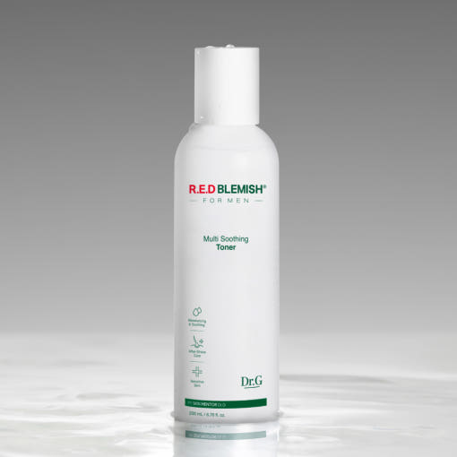 ProtoClinical k-beauty Dr.G RED BLEMISH For Men Multi Soothing Toner 200ml shown as a pale blue product close-up with a darker blue center on a cool gray background.
