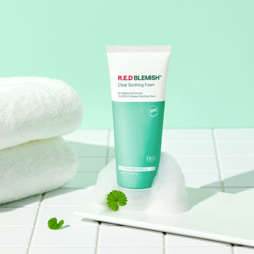 ProtoClinical k-beauty Dr.G pH Cleansing Red Blemish Clear Soothing Foam 150ml single upright cleansing foam tube centered on a light background.