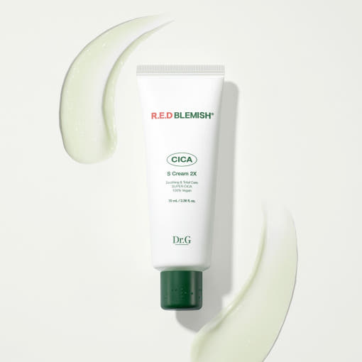 ProtoClinical k-beauty Dr.G RED BLEMISH CICA S CREAM 2X 70ml cropped pale beige package detail on a light background