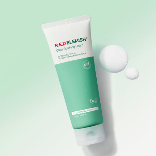 ProtoClinical k-beauty Dr.G pH Cleansing Red Blemish Clear Soothing Foam 150ml single upright cleansing foam tube centered on a light background.