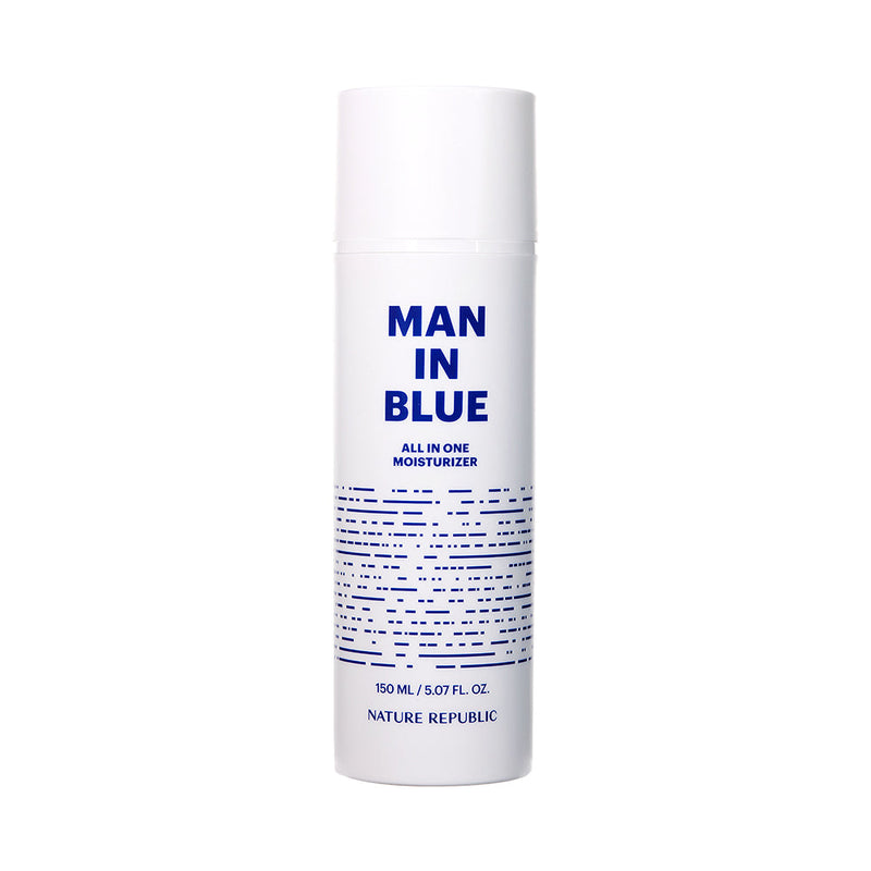 ProtoClinical k-beauty [NATURE REPUBLIC] Man In Blue All In One Moisturizer 150ml abstract beauty graphic with a soft lavender vertical band on a pale background.