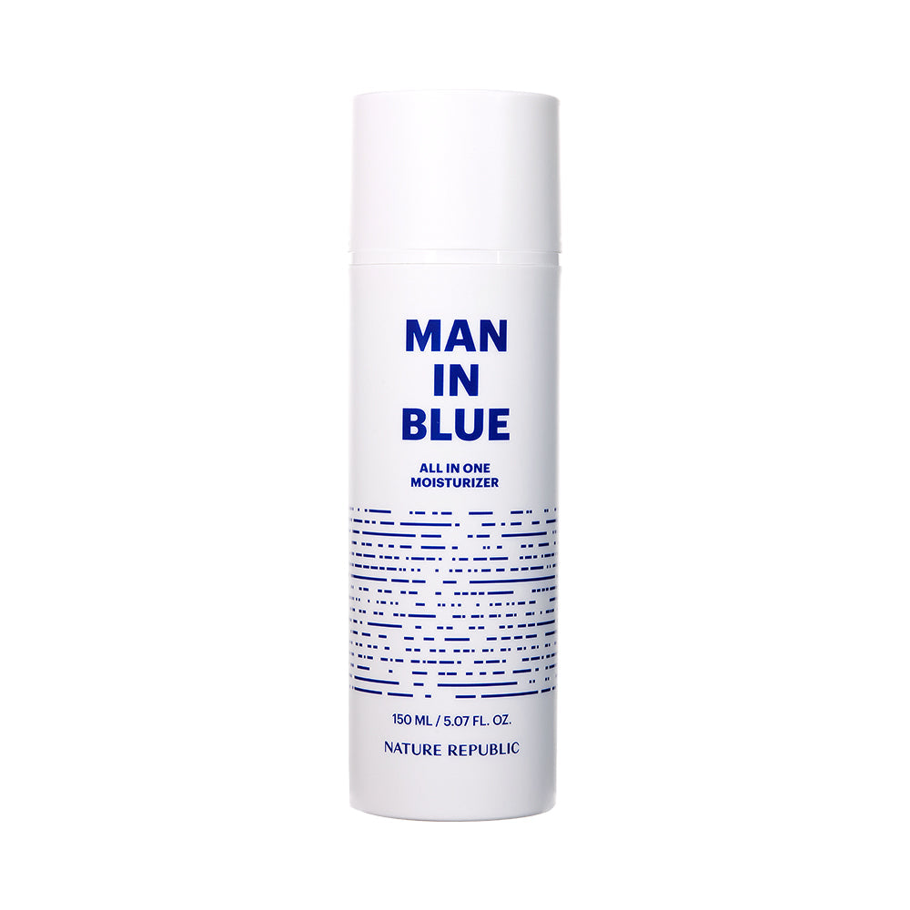 ProtoClinical k-beauty [NATURE REPUBLIC] Man In Blue All In One Moisturizer 150ml abstract beauty graphic with a soft lavender vertical band on a pale background.