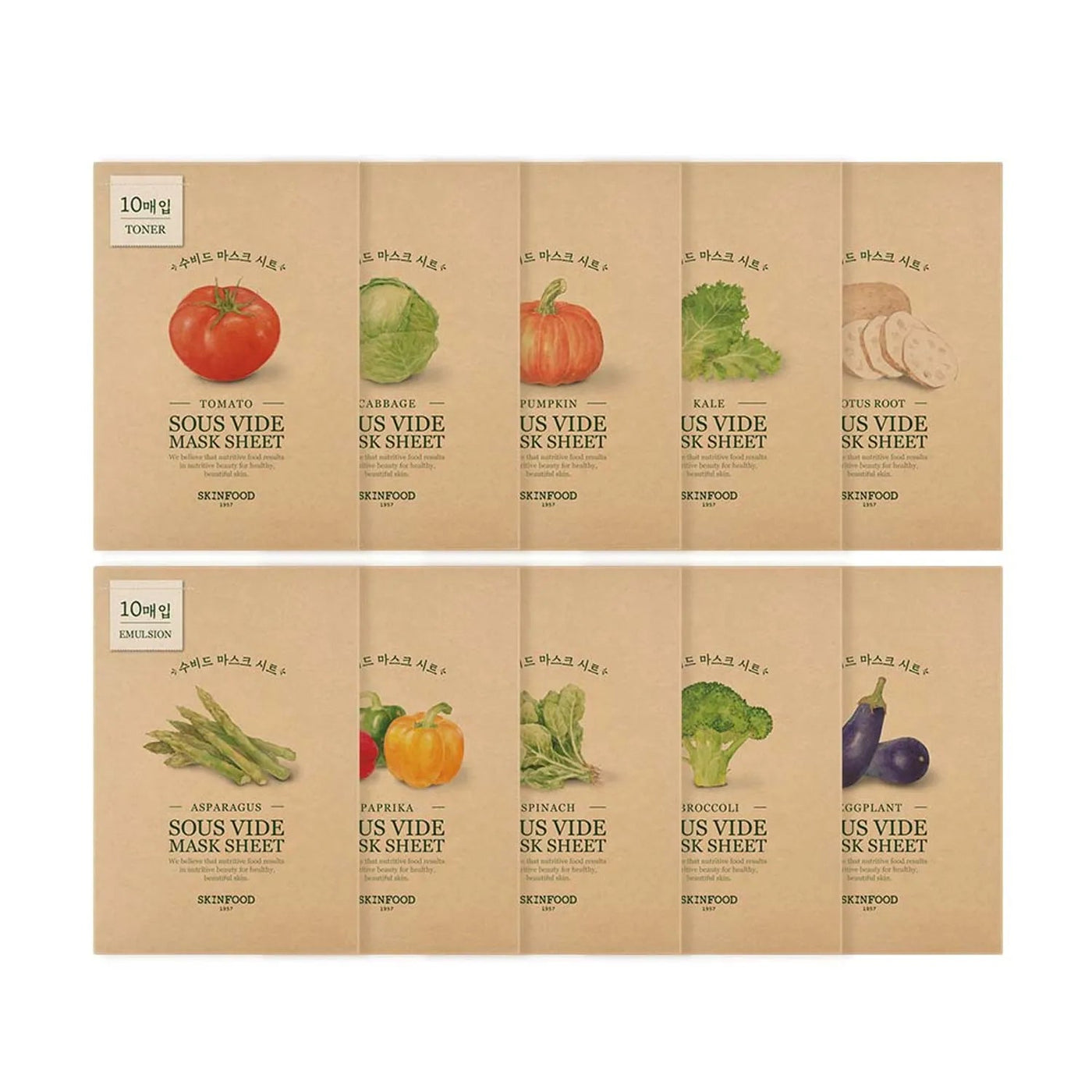 ProtoClinical k-beauty SKINFOOD Sous Vide Mask Sheet 18ml x 10ea single square tan packet with dark mauve side panels on a light background.