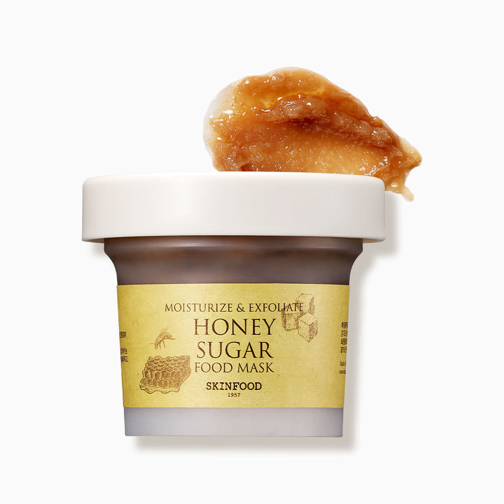 ProtoClinical k-beauty SKINFOOD Honey Sugar Food Mask 120g single tan mask jar centered on a pale blue background with soft peach shading