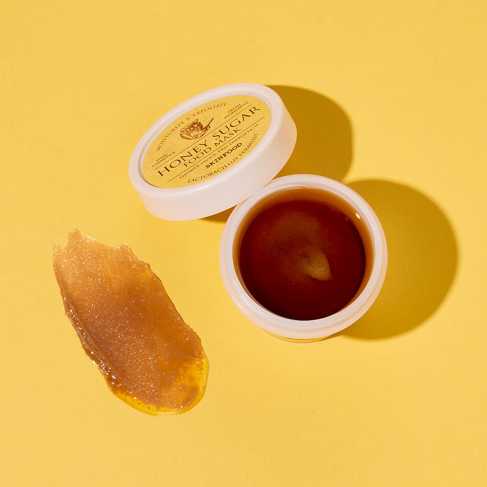 ProtoClinical k-beauty SKINFOOD Honey Sugar Food Mask 120g single honey-brown mask jar centered on a warm yellow background