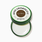 ProtoClinical k-beauty SKINFOOD Avocado & Olive Lip Balm 12g single olive-green lip balm package centered on a white background with pale blue side shading
