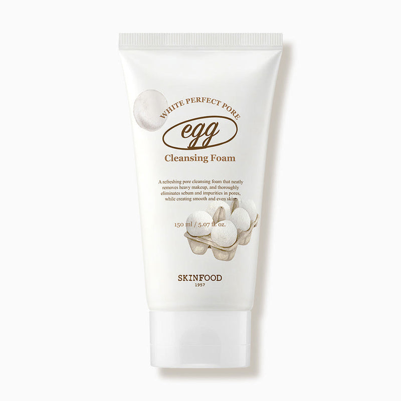 ProtoClinical k-beauty SKINFOOD Egg White Perfect Pore Cleansing Foam 150ml single cleanser tube in a close view on a white background with visible front label details
