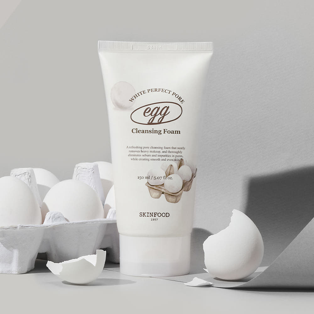 ProtoClinical k-beauty SKINFOOD Egg White Perfect Pore Cleansing Foam 150ml single centered cleanser tube with visible front label details on a clean white background