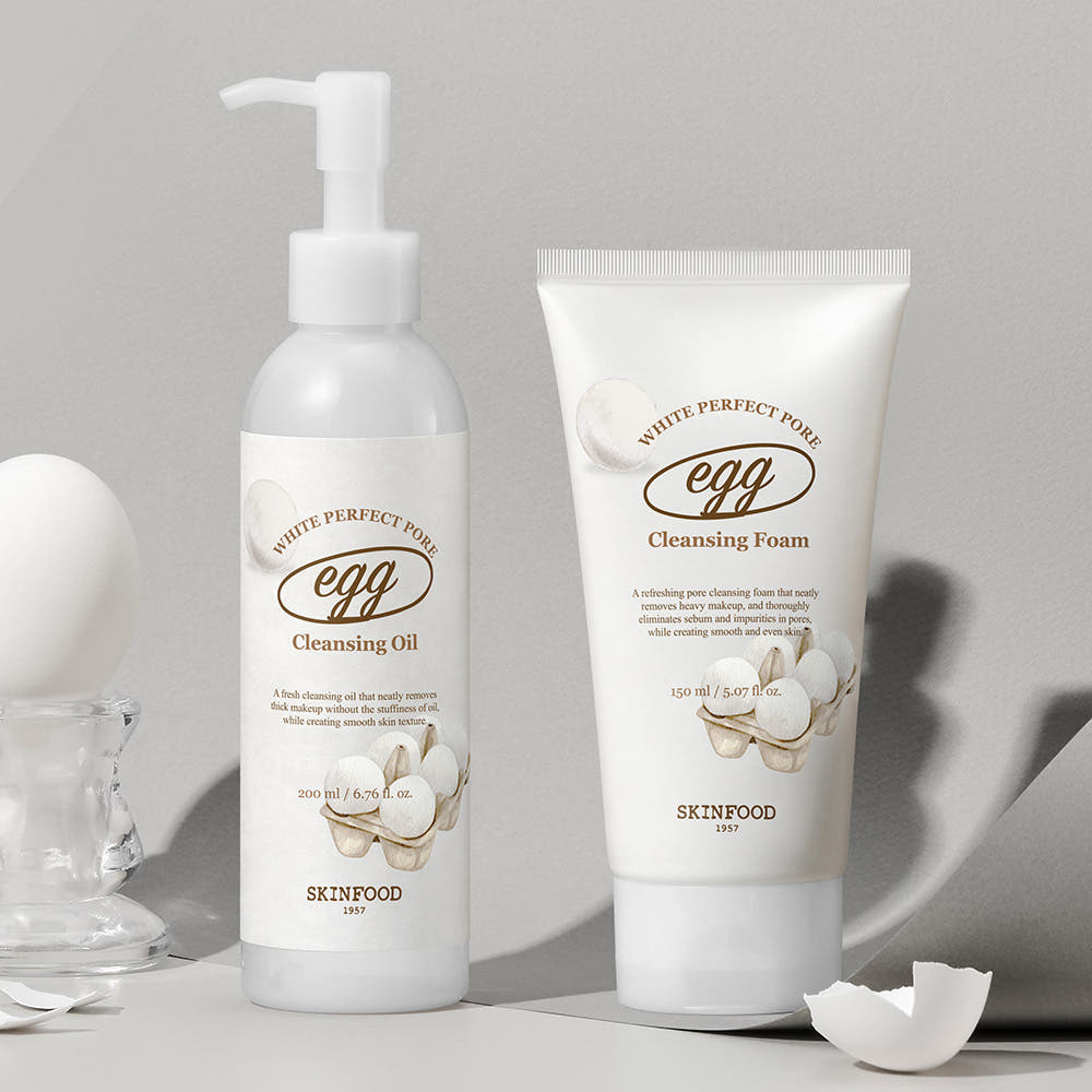 ProtoClinical k-beauty SKINFOOD Egg White Perfect Pore Cleansing Oil 200ml single cleansing oil bottle with visible front branding on a white background