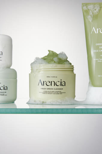 Arencia Fresh Green Rice Mochi Cleanser 120g by ProtoClinical shown in a tall product layout with branded cleanser packaging, highlighting the jar details for a k-beauty skincare routine.