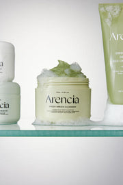 Arencia Fresh Green Rice Mochi Cleanser 120g by ProtoClinical shown in a tall product layout with branded cleanser packaging, highlighting the jar details for a k-beauty skincare routine.