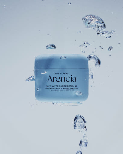 ProtoClinical k-beauty Arencia Deep Water Surge Overnight Serum 30 50g single upright teal serum bottle centered on a pale aqua background