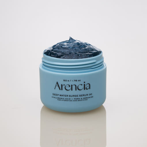 ProtoClinical k-beauty Arencia Deep Water Surge Overnight Serum 30 50g single upright teal bottle centered on a pale background with soft side shading