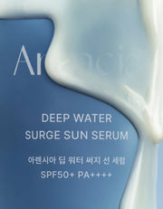 Arencia Deep Water Surge Sun Serum SPF50+ PA++++ 50ml by ProtoClinical shown in a detailed skincare graphic with serum packaging and product visuals, highlighting a k-beauty sun care routine.