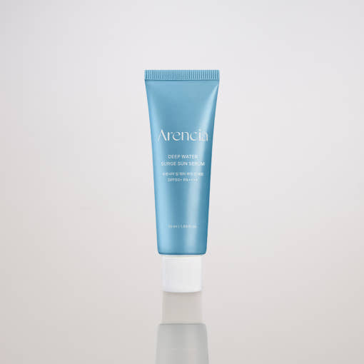 Arencia Deep Water Surge Sun Serum SPF50+ PA++++ 50ml by ProtoClinical displayed in front-facing serum packaging on a clean background, highlighting the branded sun care presentation for a k-beauty skincare routine.