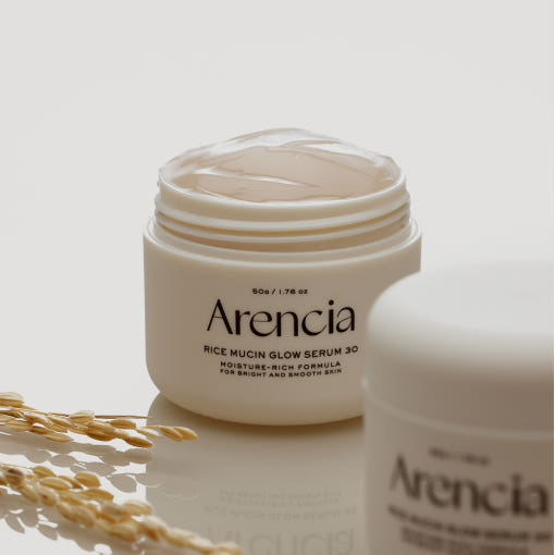 Arencia Rice Mucin Glow Serum 30 50g by ProtoClinical shown in a product-focused serum layout on a clean background, highlighting the branded packaging for a k-beauty skincare routine.