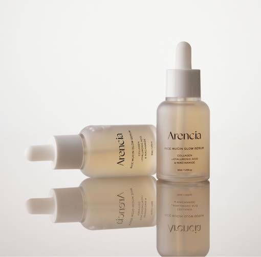 ProtoClinical k-beauty Arencia Rice Mucin Glow Serum 30ml single upright taupe serum bottle centered on a light background