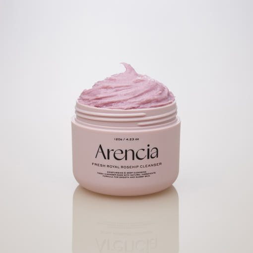 ProtoClinical k-beauty Arencia Fresh Royal Rosehip Cleanser 120g single centered beige cleanser container on a light background with pale pink side accents.