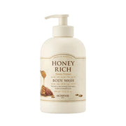 ProtoClinical k-beauty SKINFOOD Honey Rich Body Wash 450ml single upright warm amber body wash bottle centered on a light background.