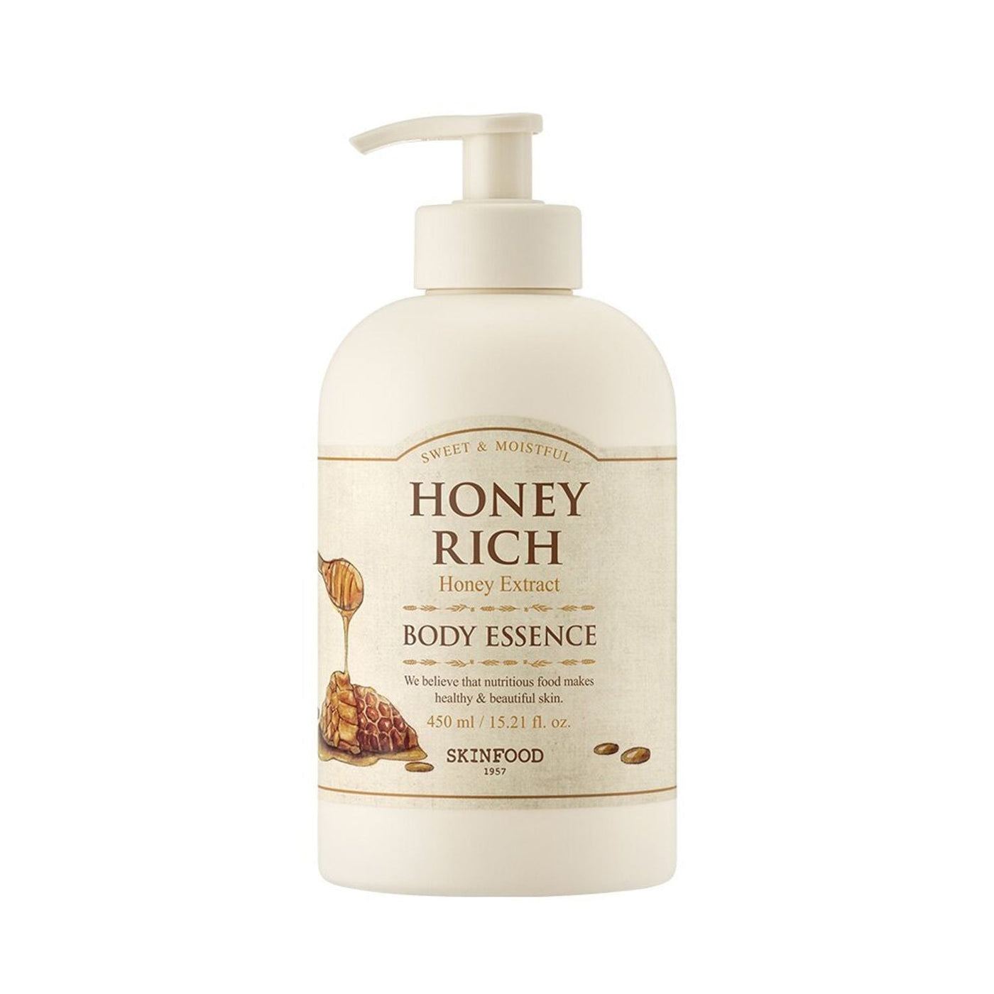 ProtoClinical k-beauty SKINFOOD Honey Rich Body Essence 450ml shown as a tall blush-beige package centered upright with pale blue side shading on a white background