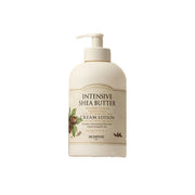 ProtoClinical k-beauty SKINFOOD Intensive Shea Butter Body Cream Lotion 450ml shown as a tall sage-green package centered upright on a white background with soft cream shading