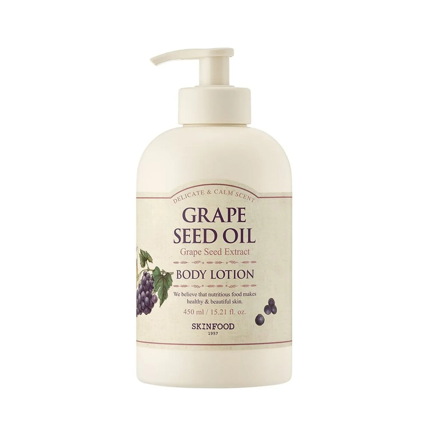 ProtoClinical k-beauty SKINFOOD Grape Seed Oil Body Lotion 450ml shown as an upright pale olive package centered on a white background with soft lavender side shading