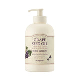 ProtoClinical k-beauty SKINFOOD Grape Seed Oil Body Lotion 450ml shown as an upright pale olive package centered on a white background with soft lavender side shading
