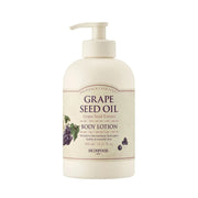 ProtoClinical k-beauty SKINFOOD Grape Seed Oil Body Lotion 450ml shown as an upright pale olive package centered on a white background with soft lavender side shading