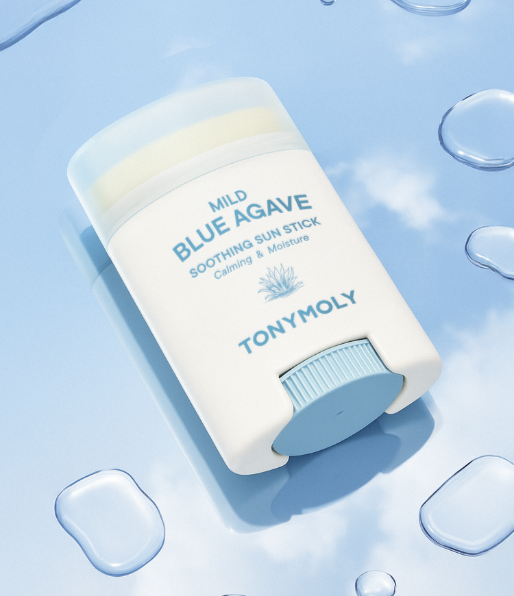 ProtoClinical k-beauty TONYMOLY Mild Blue Agave Soothing Sun Stick SPF 50+ PA++++ 15g single sun stick packaging shown upright on a plain background