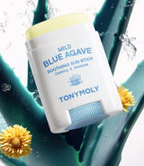 ProtoClinical k-beauty TONYMOLY Mild Blue Agave Soothing Sun Stick SPF 50+ PA++++ 15g single sun stick packaging shown upright on a plain background