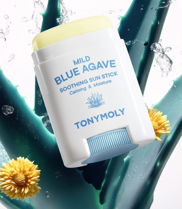 ProtoClinical k-beauty TONYMOLY Mild Blue Agave Soothing Sun Stick SPF 50+ PA++++ 15g single sun stick packaging shown upright on a plain background